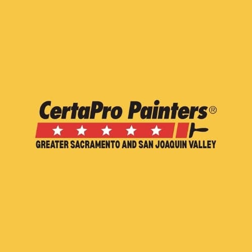 This is an image from CertaPro Painters of Greater Sacramento and San Joaquin Valley, located in California. The logo for CertaPro Painters of Greater Sacramento and San Joaquin Valley features bold black lettering on a yellow background with a red paintbrush graphic and star accents, highlighting the brand and regional service area.