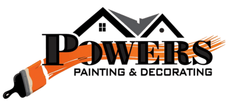 This is an image from Powers Painting & Decorating, located in Illinois. The logo for Powers Painting & Decorating features black company lettering with an orange paintbrush stroke, roofline graphic, and paintbrush illustration.