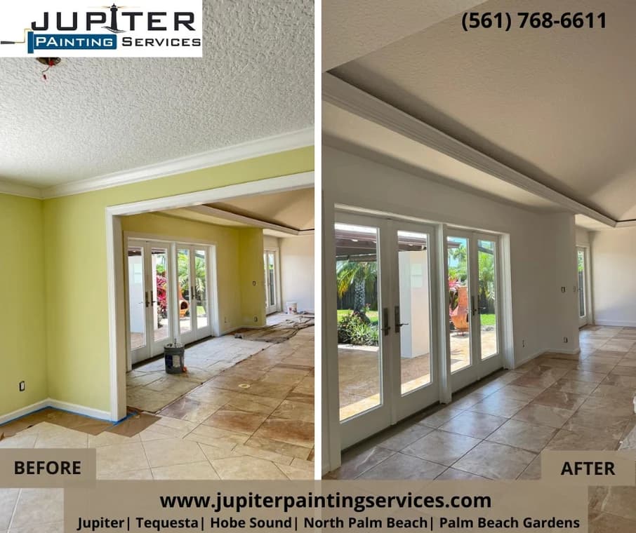 This is an image from Jupiter Painting Services company, located in Jupiter, FL. The image is a before and after interior painting of a living room by Jupiter Painting Services, showing transformation from yellow walls to modern white with crown molding and French doors