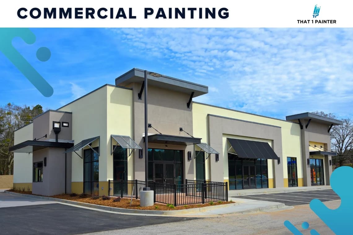 This is an image from That 1 Painter Greater Boston, located in Massachusetts. The photo shows a newly painted commercial building with a modern beige and gray exterior, showcasing the company’s commercial painting expertise.