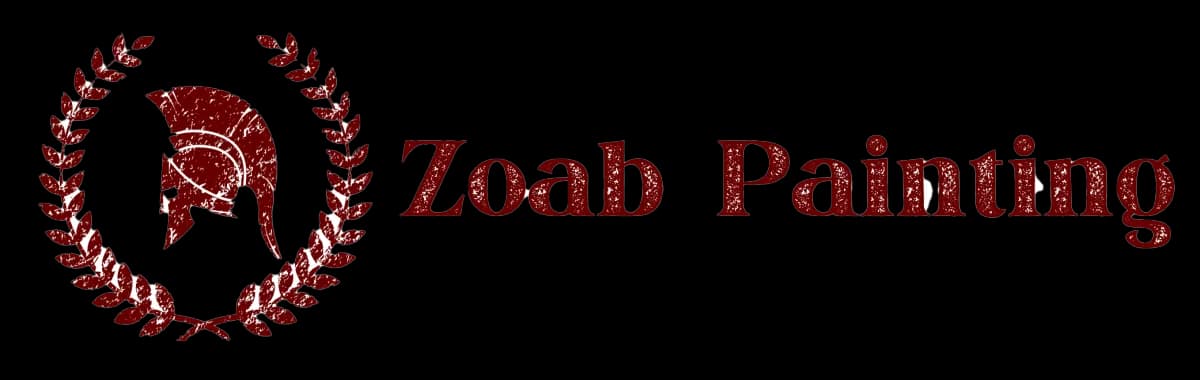 This is an image from Zoab Painting, located in Iowa. The logo for Zoab Painting features a red Spartan helmet encircled by a laurel wreath with bold serif lettering representing the painting company.