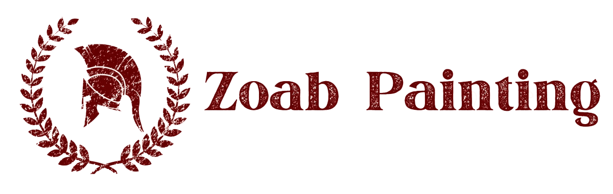 This is an image from Zoab Painting, located in Iowa. The logo for Zoab Painting features a red Spartan helmet encircled by a laurel wreath with bold serif lettering representing the painting company.