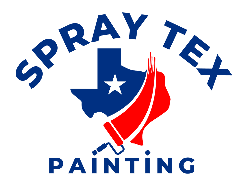 This is an image from Spray Tex Painting, located in Texas. The logo for Spray Tex Painting features a blue Texas state silhouette with a white star, paired with a red paint roller stroke and bold blue text.