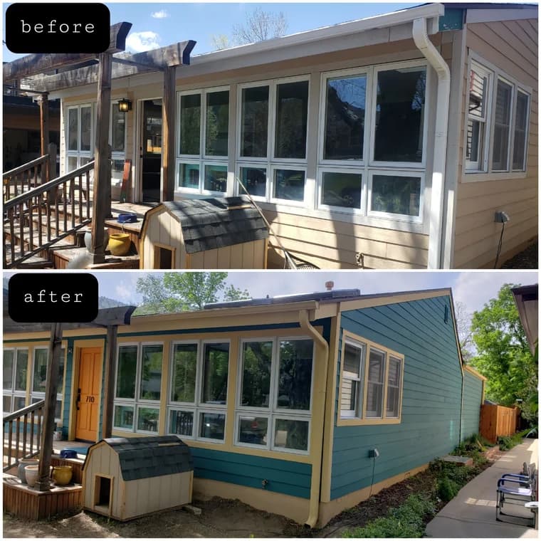 This is an image from Brush Brothers Painting LLP company, located inGolden, CO The image is a before and after exterior house painting transformation, showing beige siding repainted to teal blue with yellow trim by Brush Brothers Painting LLP.