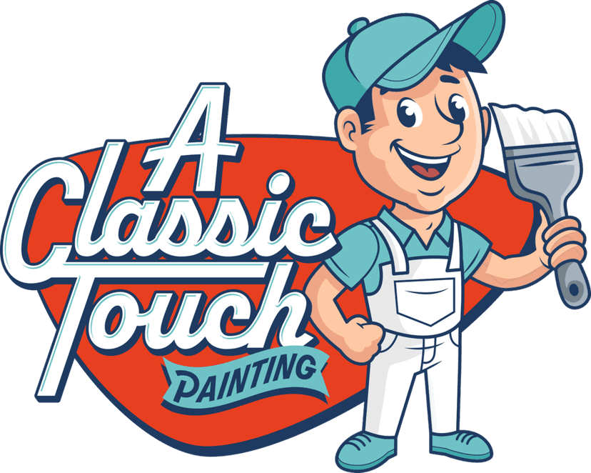 This is an image from A Classic Touch Painting, located in Florida. The logo for A Classic Touch Painting features a smiling cartoon painter holding a paintbrush with bold stylized lettering in teal and white over a red background.