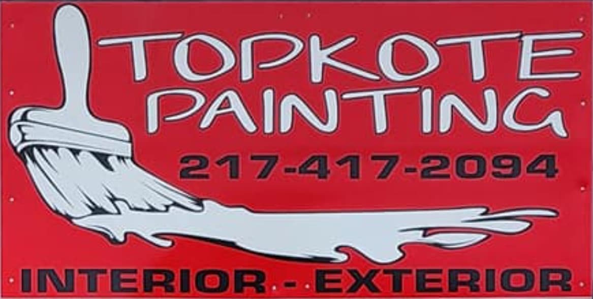 This is an image from TopKote Painting, located in Illinois. The logo for TopKote Painting features white and black lettering on a red background with a large paintbrush and white paint stroke graphic.