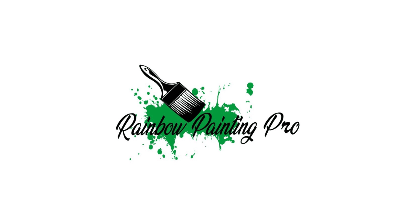 This is the logo of Rainbow Painting Pro, featuring a black paintbrush over green paint splatters with the company name in cursive font.
