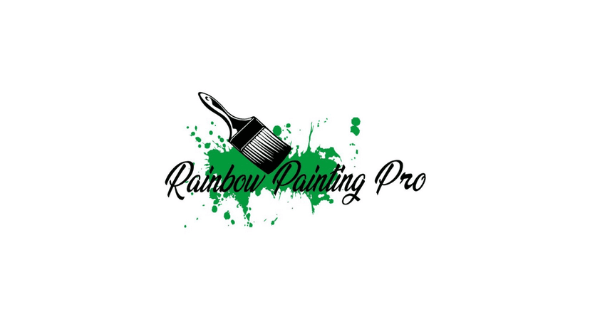 This is the logo of Rainbow Painting Pro, featuring a black paintbrush over green paint splatters with the company name in cursive font.