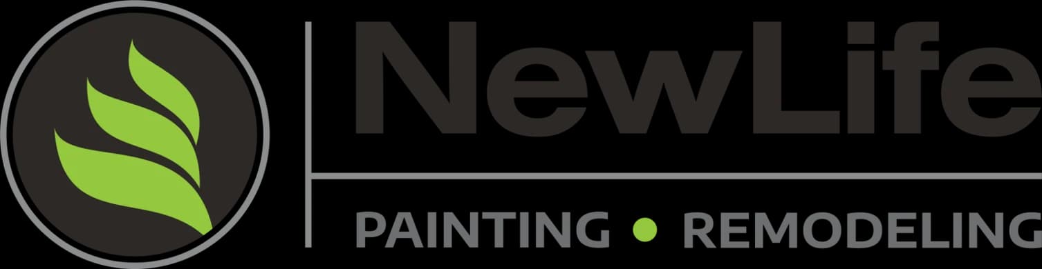 This is an image from New Life Painting, located in California. The image shows the logo for New Life Painting, featuring a green leaf icon inside a dark circular mark with modern gray and green text reading ‘New Life Painting - Remodeling’