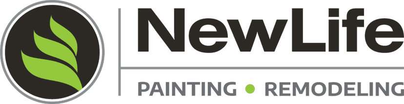 This is an image from New Life Painting, located in California. The image shows the logo for New Life Painting, featuring a green leaf icon inside a dark circular mark with modern gray and green text reading ‘New Life Painting - Remodeling’