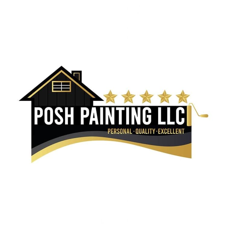 Logo for Posh Painting LLC, featuring a house roof design, five gold stars, and the slogan "Personal · Quality · Excellent."