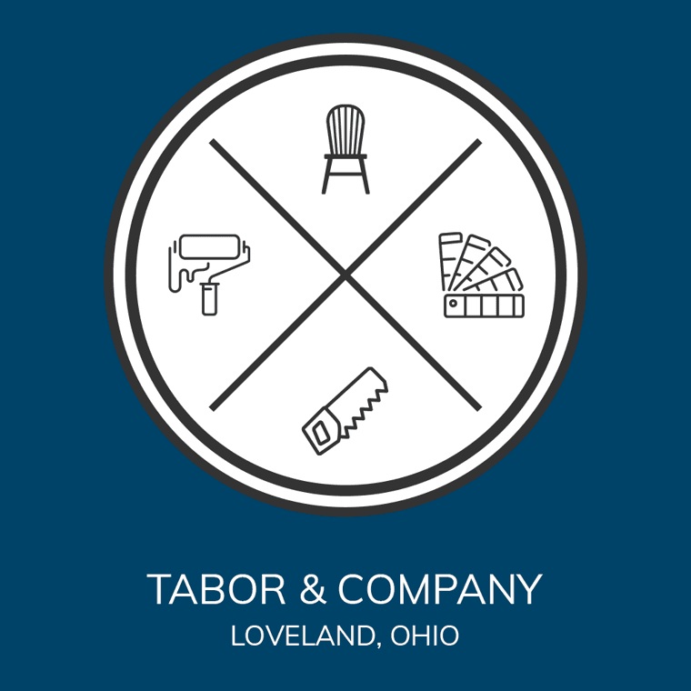 This is an image from Tabor & Company, located in Washington. The logo for Tabor & Company features a circular design with crossed lines and icons for painting, carpentry, furniture, and color selection.