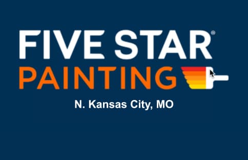 This is an image from Five Star Painting of N. Kansas City, located in Missouri. The logo features bold orange and white text reading 'Five Star Painting' on a dark blue background with a colorful paint roller icon in orange, yellow, and red.