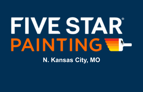 This is an image from Five Star Painting of N. Kansas City, located in Missouri. The logo features bold orange and white text reading 'Five Star Painting' on a dark blue background with a colorful paint roller icon in orange, yellow, and red.