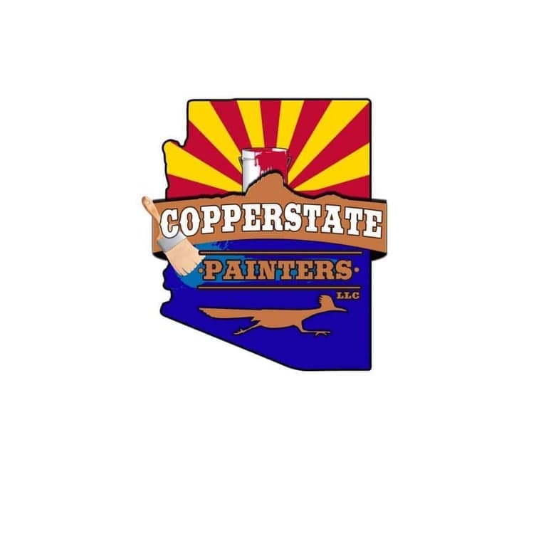 This is an image from Copperstate Painters, located in Arizona. The logo for Copperstate Painters features the shape of the state of Arizona with the iconic red and yellow sunburst flag design, a paint can and brush, and a brown roadrunner across a blue background, with bold white 'Copperstate Painters LLC' lettering on a wooden banner.