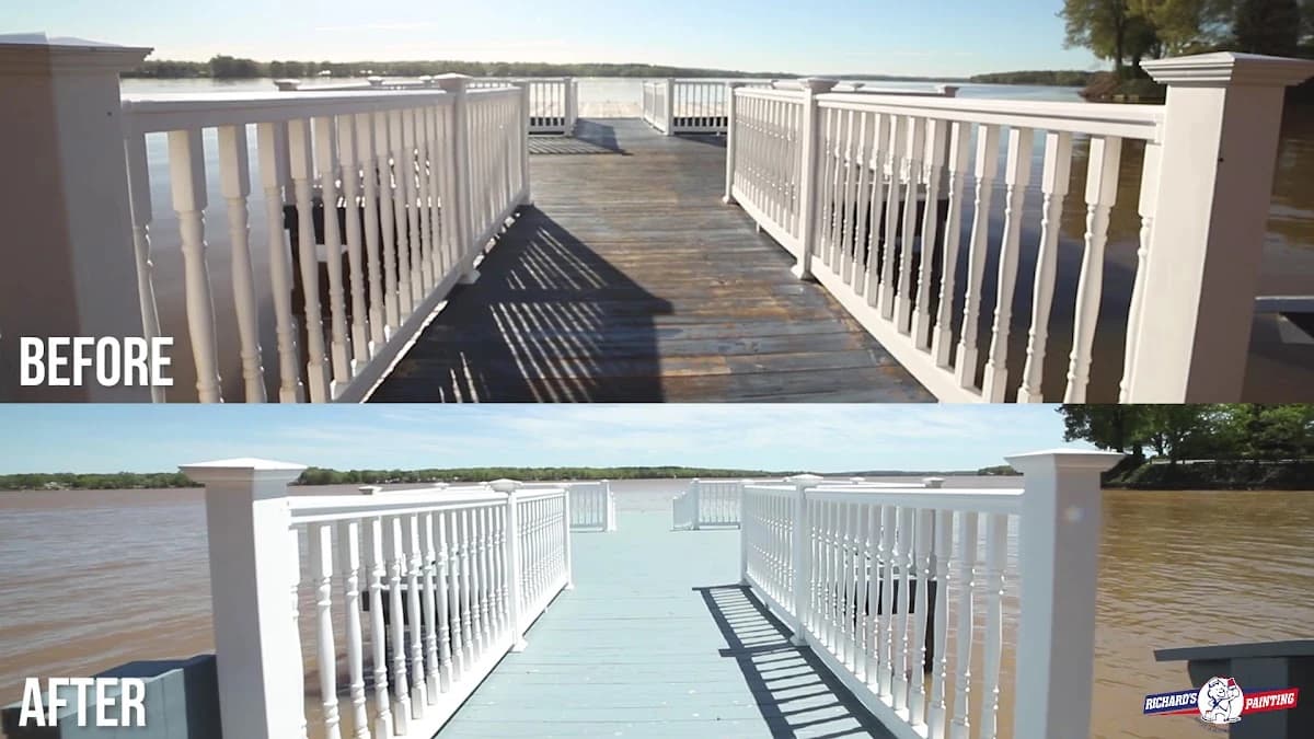 Deck painting project by Richard's Painting of Lexington, NC in Salisbury, NC. The image shows before and after deck railings with light blue floor coating.