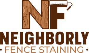 This is an image from Neighborly Fence Staining, LLC company, located in Arvada, CO The image is a Neighborly Fence Staining logo with wood-textured letters NF, a paint roller icon, and bold brown typography on a transparent background