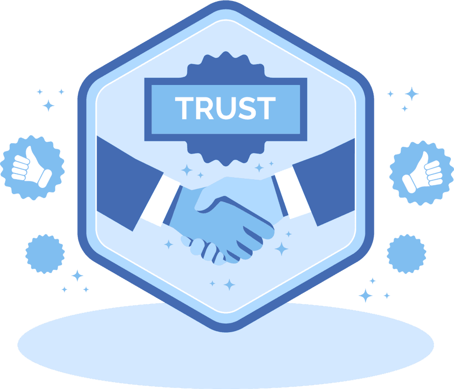 Illustration of a trust badge featuring a handshake inside a shield with the word “TRUST” and thumbs-up icons surrounding it