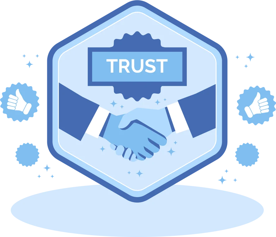 Illustration of a trust badge featuring a handshake inside a shield with the word TRUST and thumbs-up icons surrounding it