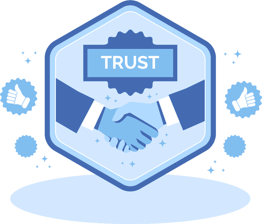 Illustration of a trust badge featuring a handshake inside a shield with the word TRUST and thumbs-up icons surrounding it