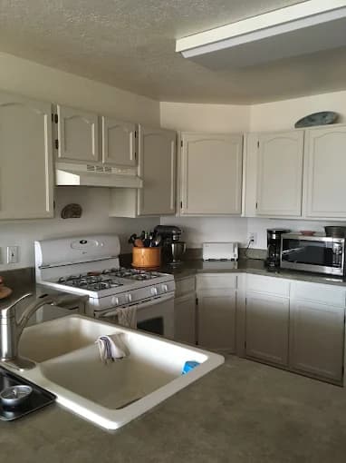 This is an image from Busby Finishes, located in New Mexico. The photo shows a clean, modern kitchen with freshly painted light gray cabinets, stainless hardware, a white gas stove, and neutral countertops.