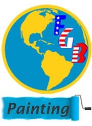 Logo for Four Golden Brothers Painting, featuring a globe with "FGB" in red, white, and blue lettering and a paint roller at the bottom.