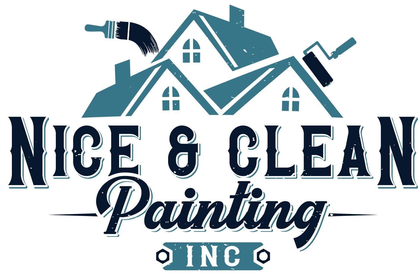 This is an image from Nice And Clean Painting, located in California. The logo for Nice & Clean Painting Inc features a stylized house graphic with a paintbrush and roller, paired with bold decorative lettering in teal and dark blue tones.