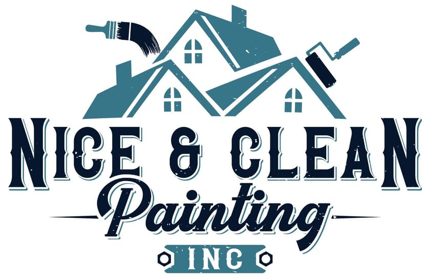 This is an image from Nice And Clean Painting, located in California. The logo for Nice & Clean Painting Inc features a stylized house graphic with a paintbrush and roller, paired with bold decorative lettering in teal and dark blue tones.