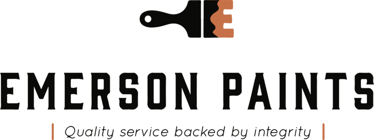 This is an image from Emerson Paints, located in Maryland. The logo for Emerson Paints features bold black text with an orange brush stroke design across the top, symbolizing craftsmanship and quality painting services.