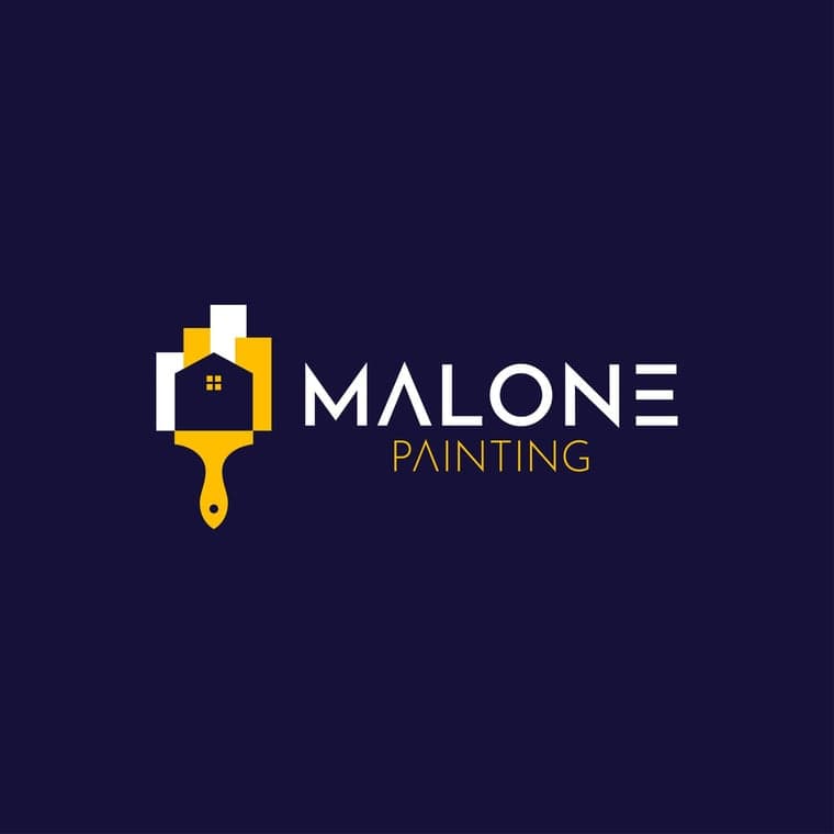 This is an image from Malone Painting, located in Missouri. The logo for Malone Painting features a navy and yellow paintbrush icon with a house shape and modern white and yellow text.