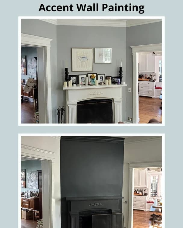 This is an image from LIME Painting of Chicago company, located inChicago, IL The image is a before and after accent wall painting in a living room with fireplace, transformed from light gray to bold dark charcoal by LIME Painting