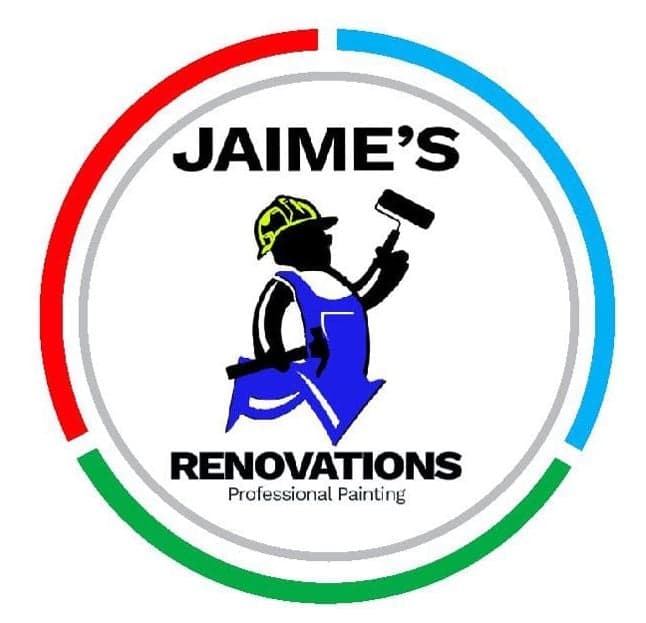 Logo for Jaime's Renovation LLC Professional Painting, featuring a painter in blue overalls and a yellow hard hat holding a paint roller, with the company name encircled by a red, blue, and green border.