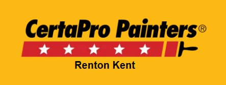 This is an image from CertaPro Painters Renton Kent, located in Washington. The logo for CertaPro Painters Renton Kent features bold black text on a yellow background with a red paintbrush graphic and five white stars.