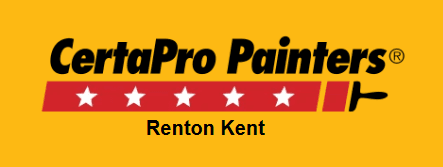 This is an image from CertaPro Painters Renton Kent, located in Washington. The logo for CertaPro Painters Renton Kent features bold black text on a yellow background with a red paintbrush graphic and five white stars.