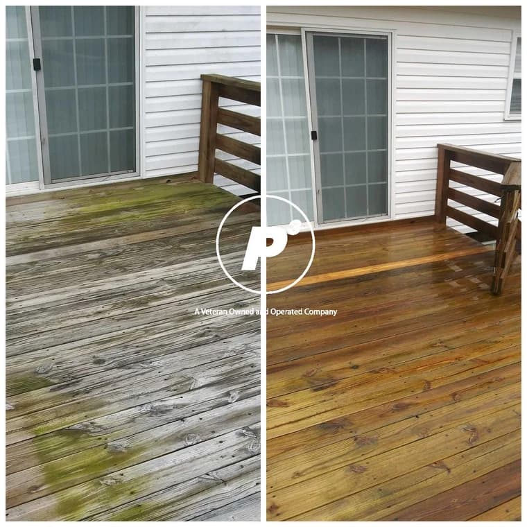 Wooden deck shown before and after cleaning, with the left side gray and mossy and the right side renewed with a rich wood tone after pressure washing.