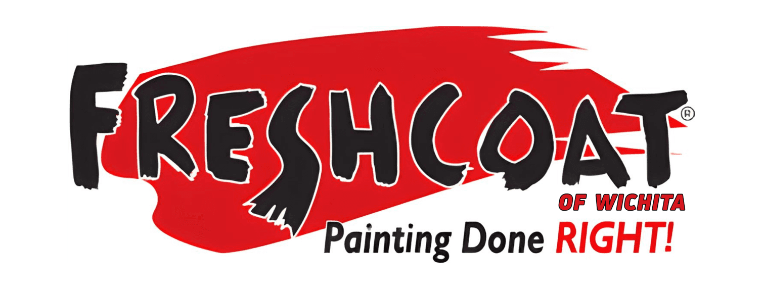 This is an image from Fresh Coat Painters of Wichita.The image shows the Fresh Coat Painters logo with bold black lettering set over a red paint-stroke background and the tagline “Painting Done RIGHT!” underneath.