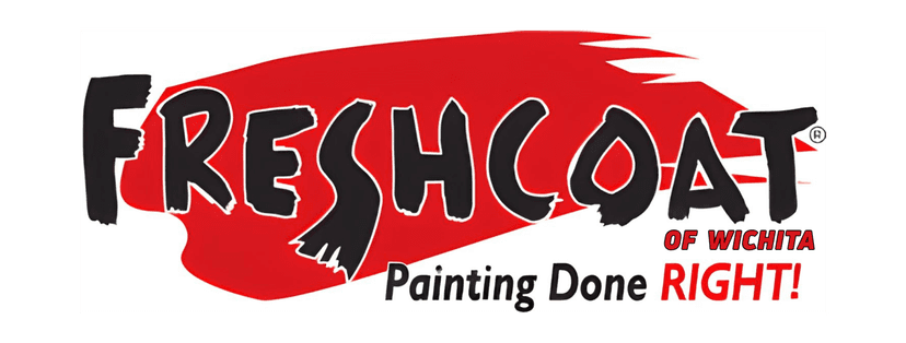 This is an image from Fresh Coat Painters of Wichita.The image shows the Fresh Coat Painters logo with bold black lettering set over a red paint-stroke background and the tagline “Painting Done RIGHT!” underneath.