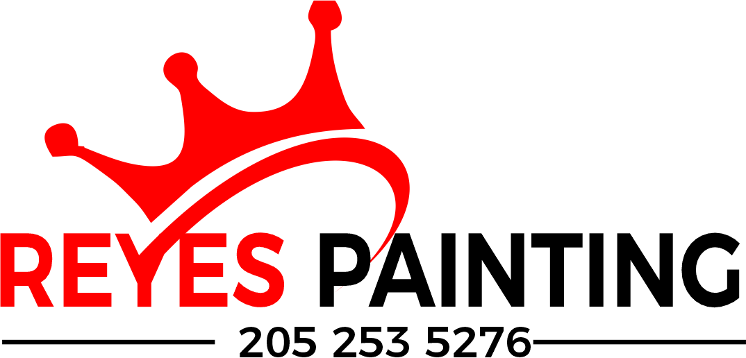 This is an image from Reyes Painting, located in Alabama. The image shows the Reyes Painting company logo featuring a red crown graphic, bold lettering, and contact information, representing the brand identity of a professional painting contractor.