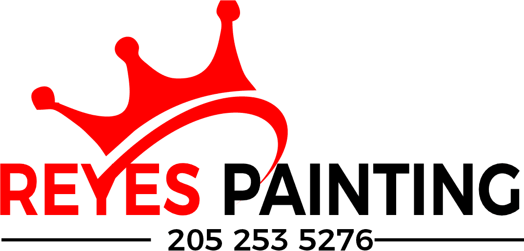 This is an image from Reyes Painting, located in Alabama. The image shows the Reyes Painting company logo featuring a red crown graphic, bold lettering, and contact information, representing the brand identity of a professional painting contractor.