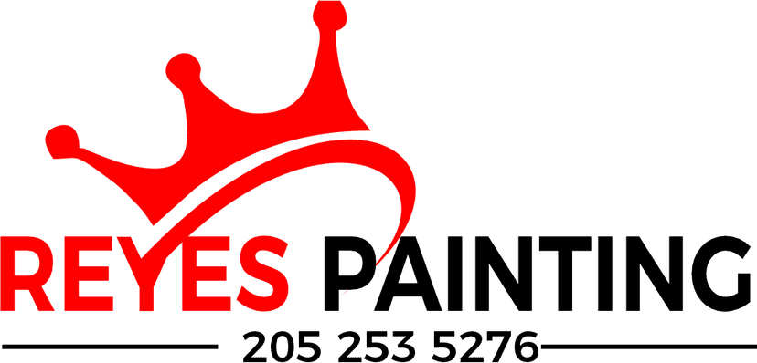 This is an image from Reyes Painting, located in Alabama. The image shows the Reyes Painting company logo featuring a red crown graphic, bold lettering, and contact information, representing the brand identity of a professional painting contractor.