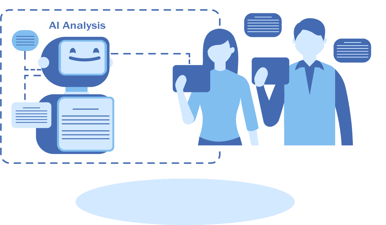 Illustration of AI analysis showing a smiling robot interface interacting with two people holding tablets and speech bubbles