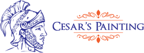 This is an image from Cesar's Painting, located in Minnesota. The logo for Cesar's Painting features a stylized Roman helmet graphic with bold blue lettering and orange decorative accents.