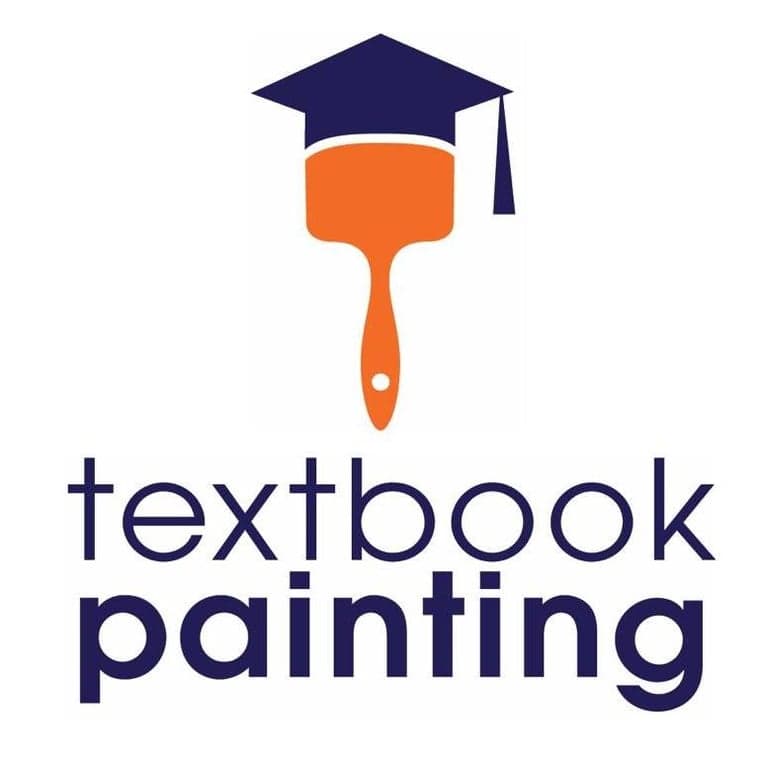 This is an image from Textbook Painting, located in Ohio. The logo for Textbook Painting features an orange paintbrush icon topped with a graduation cap alongside bold navy text, representing a professional and educated approach to painting services.