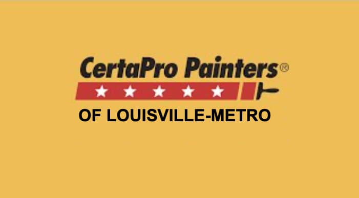 This is an image from CertaPro Painters of Louisville-Metro, located in Kentucky. The logo for CertaPro Painters features bold black text above a red bar with five white stars and a paint roller icon on a yellow background.