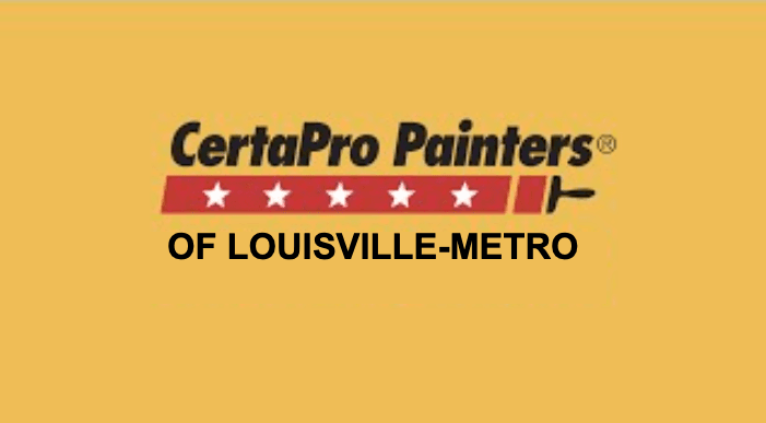 This is an image from CertaPro Painters of Louisville-Metro, located in Kentucky. The logo for CertaPro Painters features bold black text above a red bar with five white stars and a paint roller icon on a yellow background.