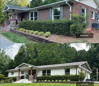 Exterior painting project by 360° Painting of Winston-Salem in Winston-Salem, NC. The image shows a brick ranch before and after repainting with white siding and trim.