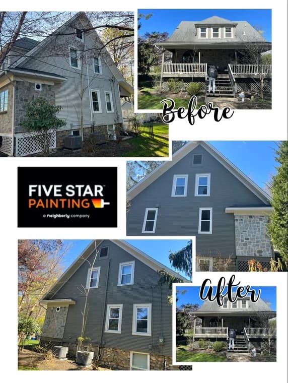 A before-and-after collage of a two-story house painted by Five Star Painting of Bergen County, highlighting the transformation from light siding to a darker modern finish.