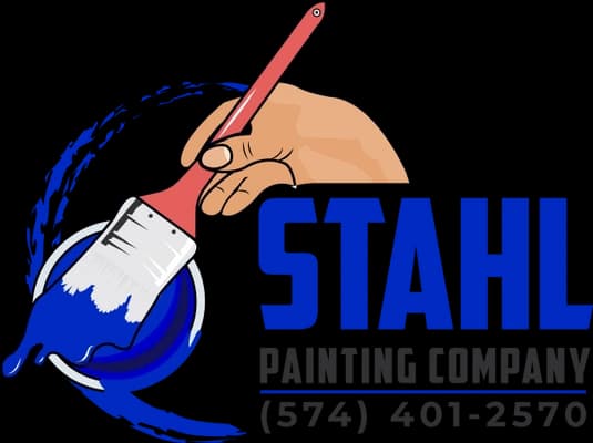 This is an image from Stahl Painting Company LLC, located in Indiana. The logo for Stahl Painting Company LLC features a stylized hand holding a paintbrush dipped in blue paint, with bold blue lettering, representing professional residential and commercial painting services.