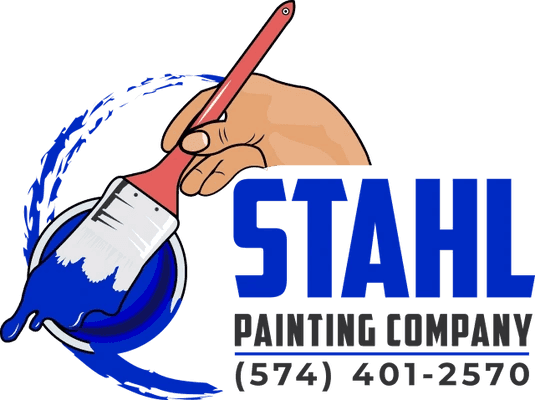 This is an image from Stahl Painting Company LLC, located in Indiana. The logo for Stahl Painting Company LLC features a stylized hand holding a paintbrush dipped in blue paint, with bold blue lettering, representing professional residential and commercial painting services.