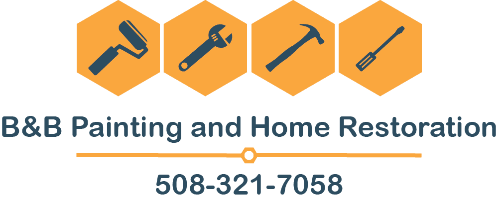 This is an image from B&B Painting and Home Restoration, located in Massachusetts. The logo for B&B Painting and Home Restoration features four hexagon icons with painting and renovation tools above bold lettering and a phone number displayed below.